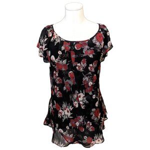 Alfred Sung Black Red Floral Whimsygoth Blouse Sheer Layered Office Summer XXL